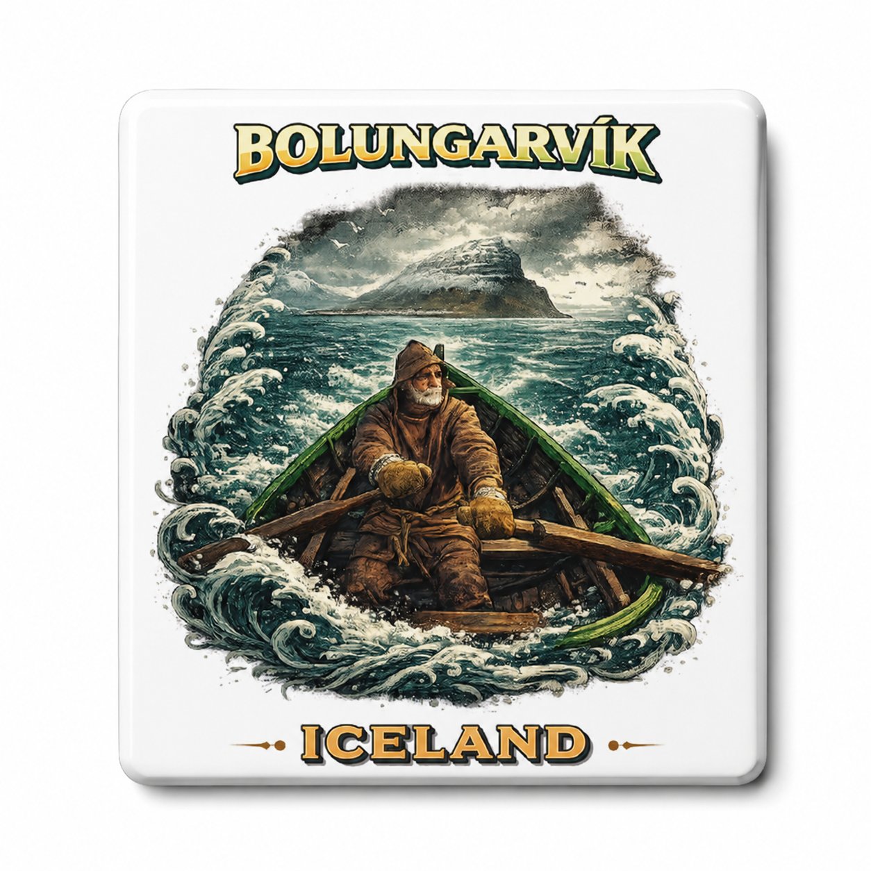 Bolungarvik fisherman rowing in stormy sea