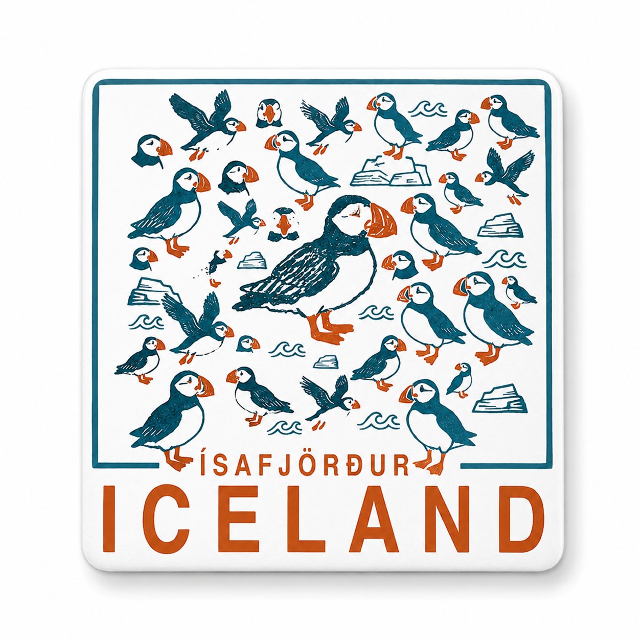 Puffin pattern magnet — teal and orange on white