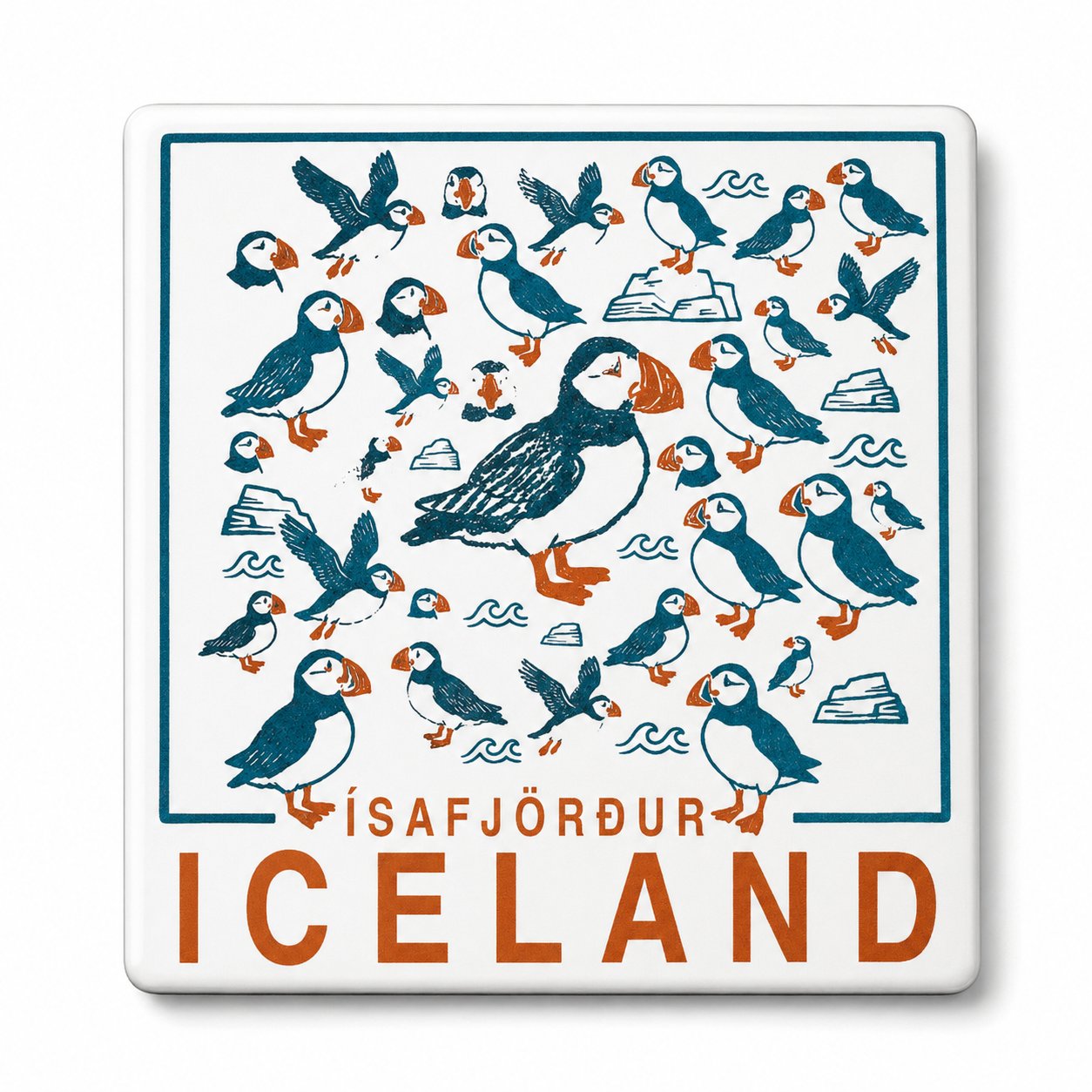 Puffin pattern magnet — orange on white