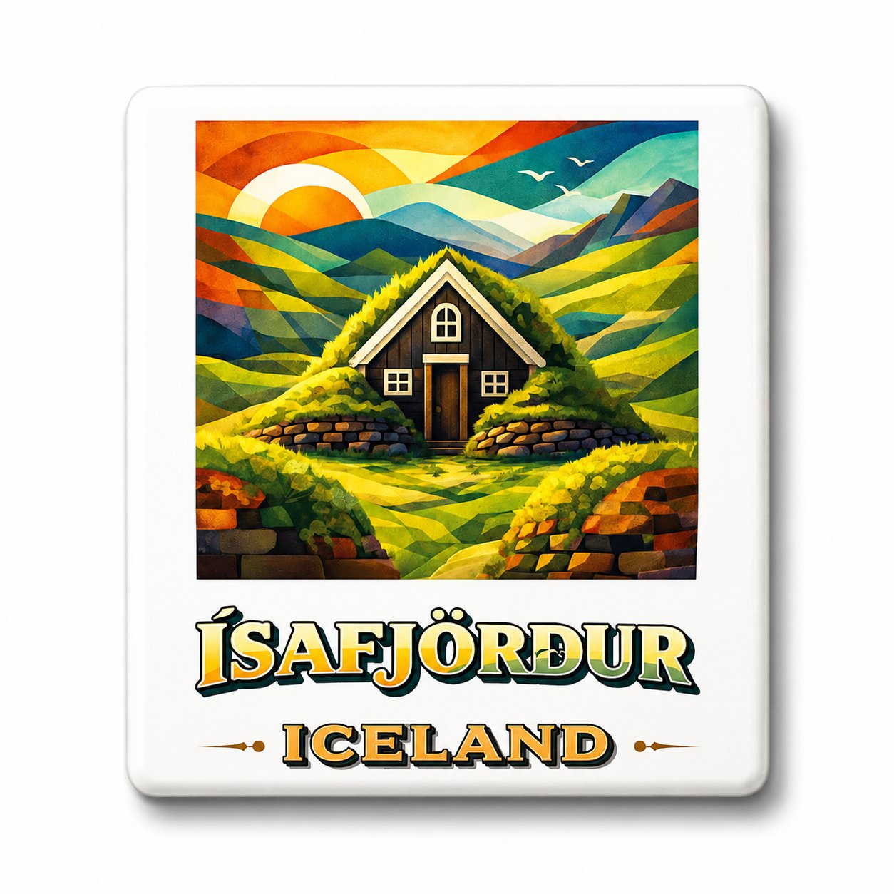 Isafjordur turf house magnet — colourful illustrated
