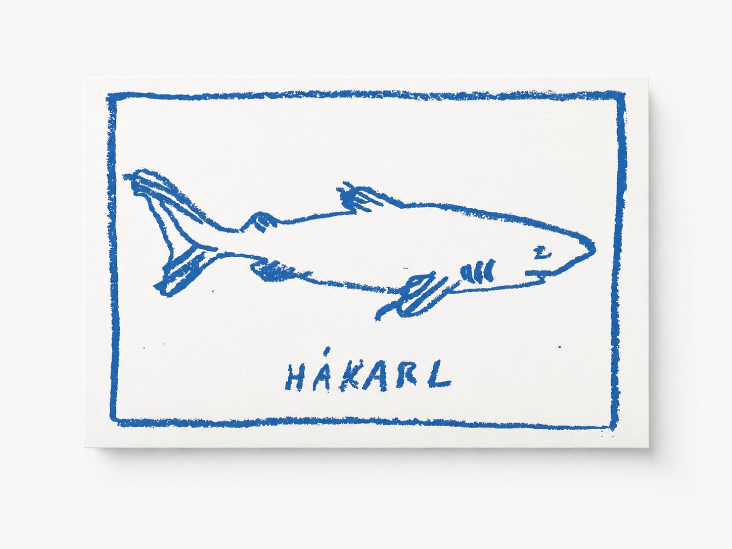 Hakarl — shark lino-print postcard in blue