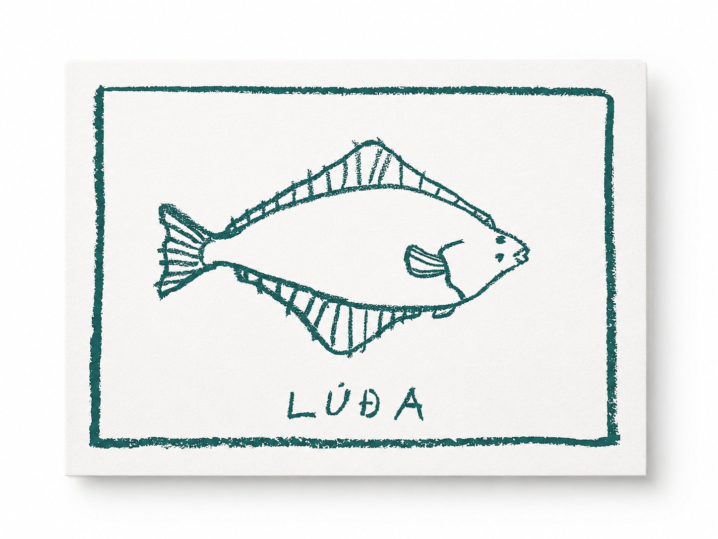 Luda — halibut lino-print postcard in teal