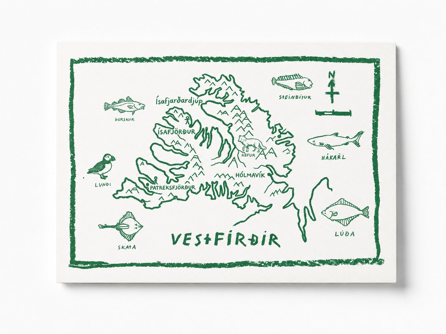 Vestfirdir map postcard in green