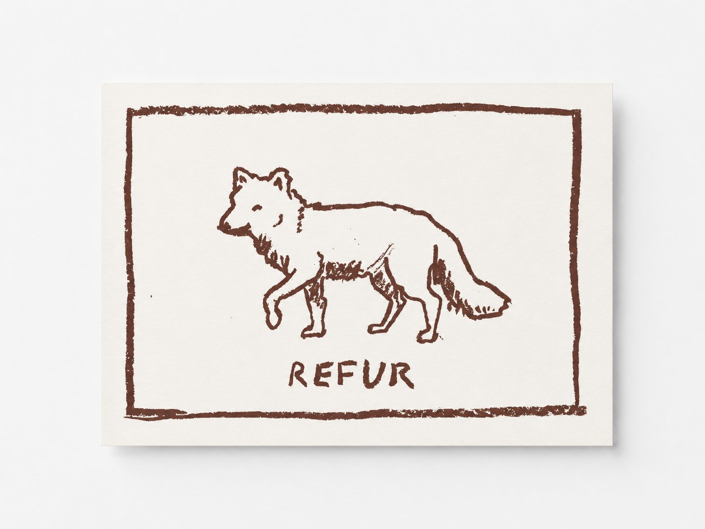 Refur — arctic fox lino-print postcard in brown