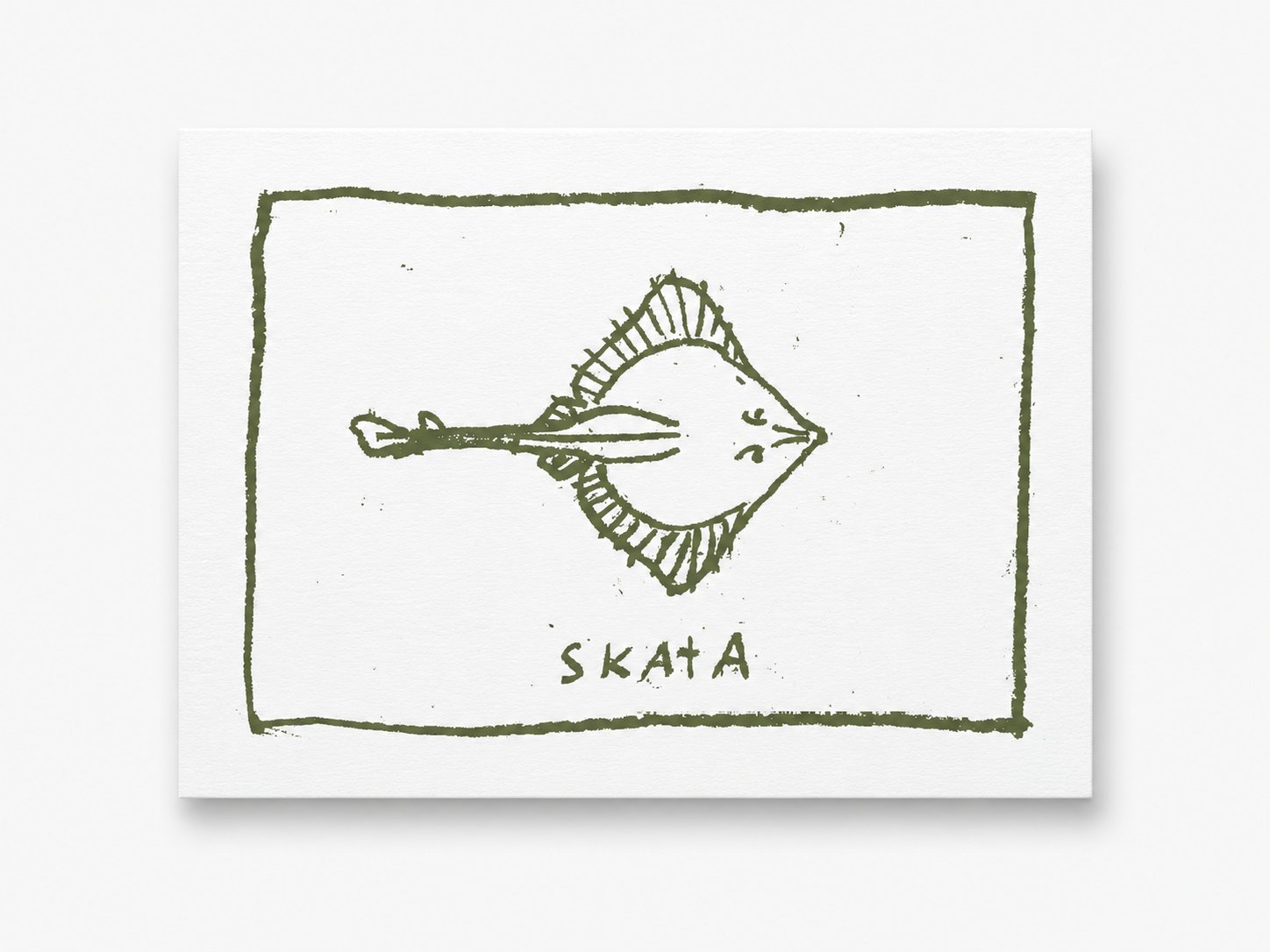 Skata — ray lino-print postcard in olive