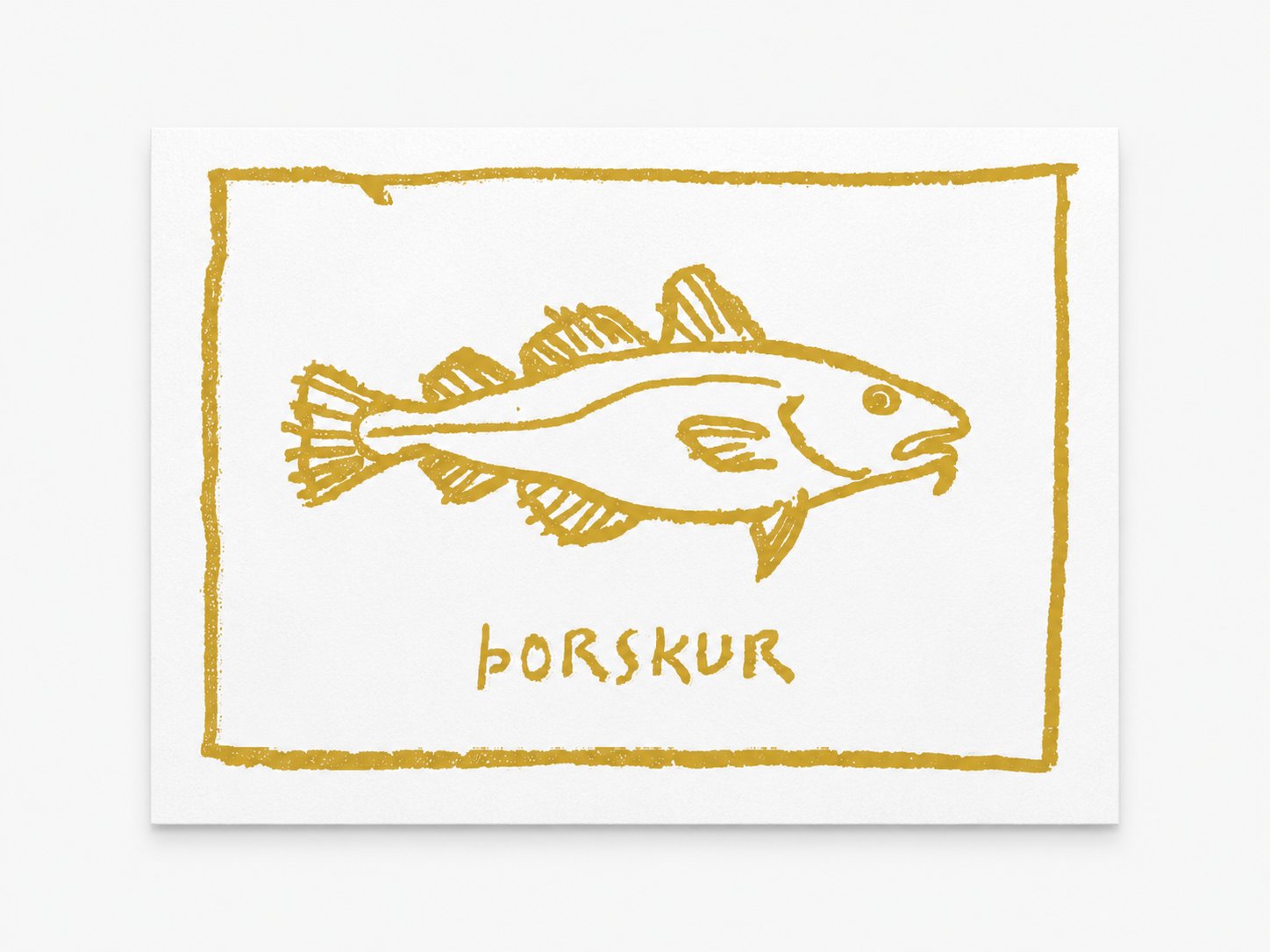 Thorskur — cod lino-print postcard in gold