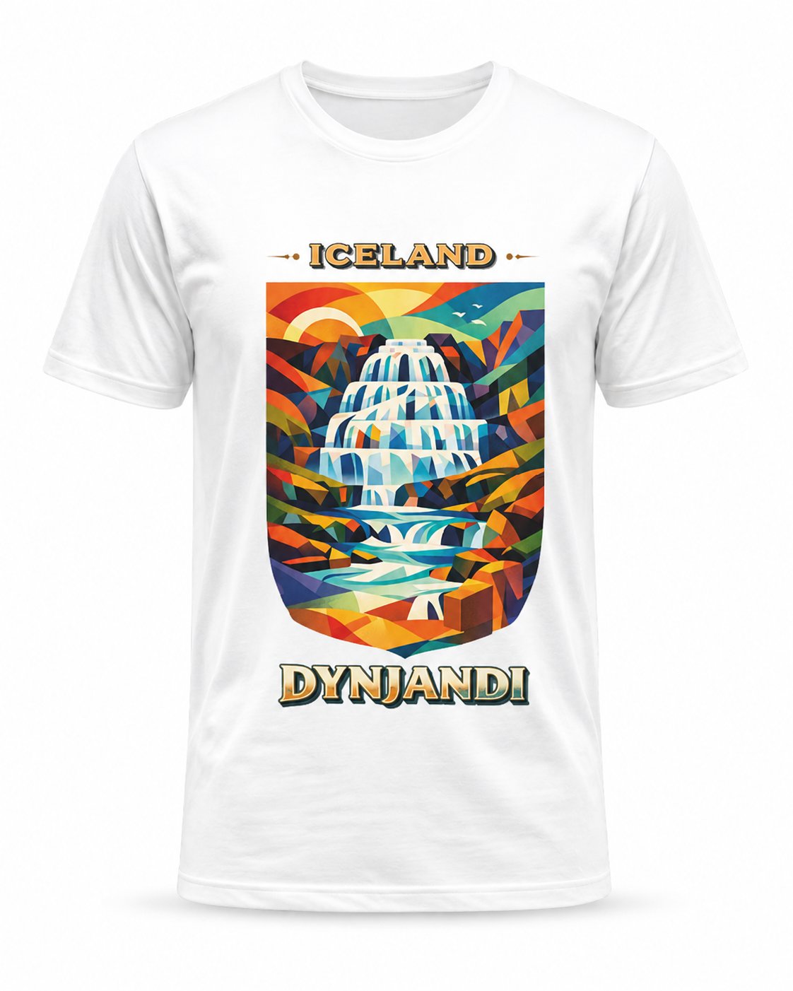 Dynjandi waterfall t-shirt colourful geometric