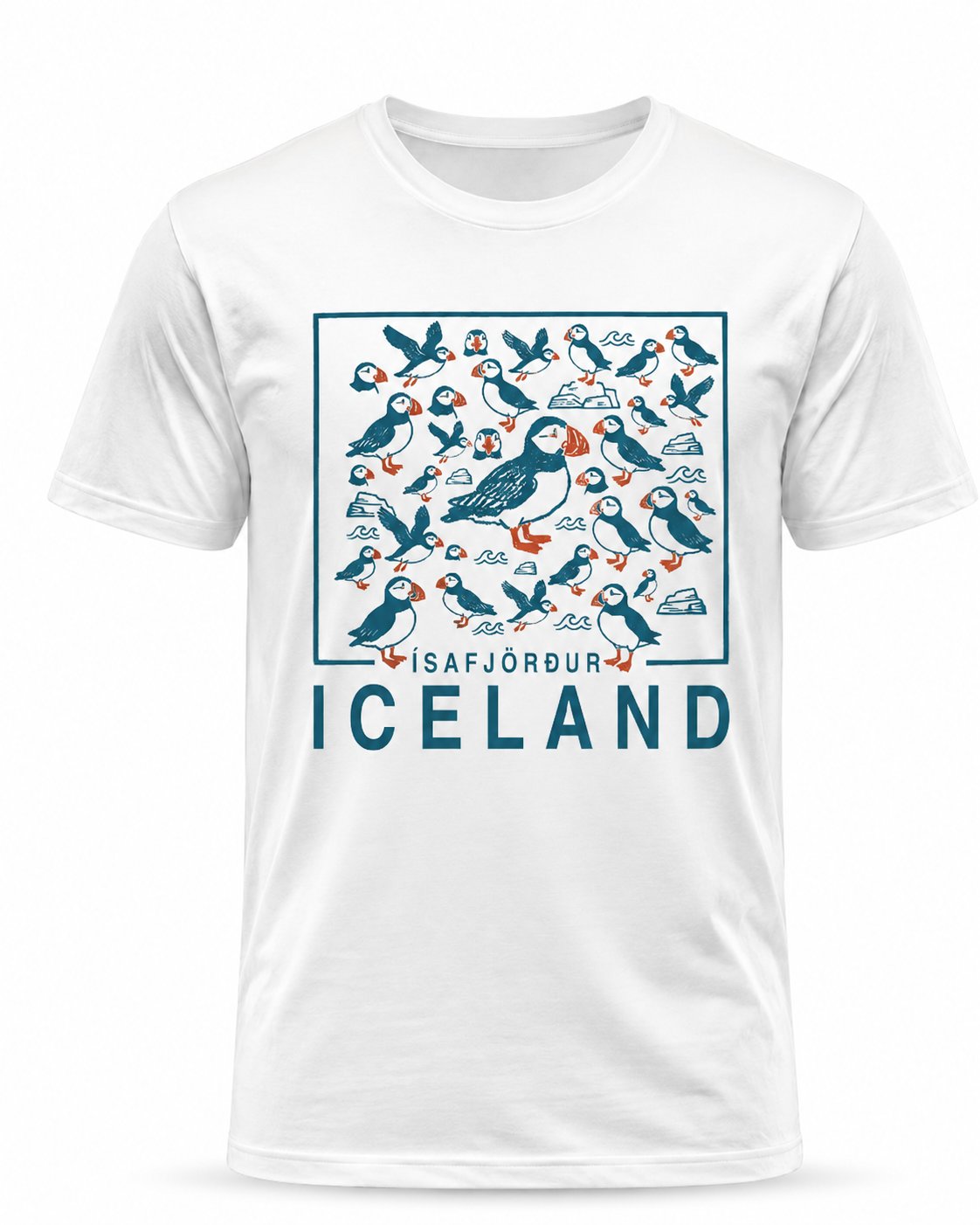 Puffin colony t-shirt teal and orange
